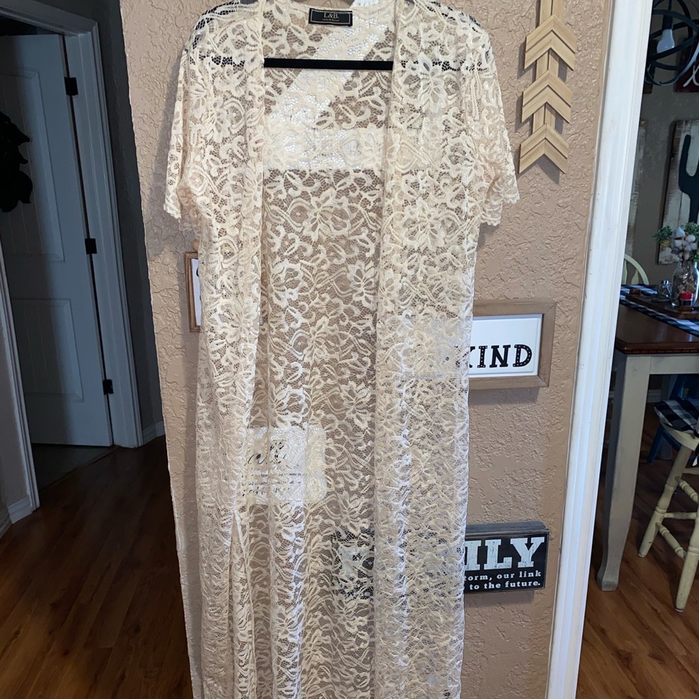 Womens L&B Cream Lace Long Duster Kimono Size Small EUC